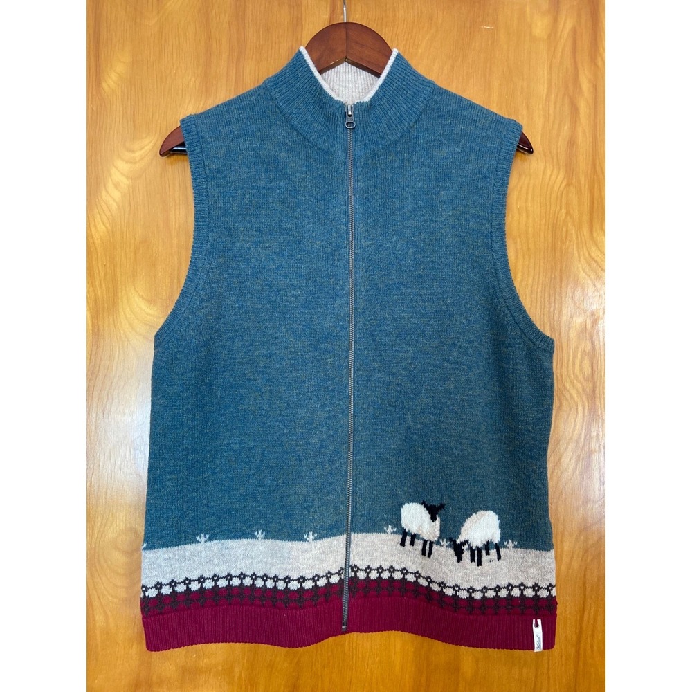Women's Woolrich Lambswool Sheep Zip Up Sweater Vest Teal Green sz‎ Large EUC